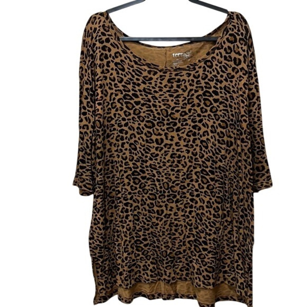 Terra & Sky Top Women 1X Leopard Print Cotton Modal Brown‎ Mob Wife Boho